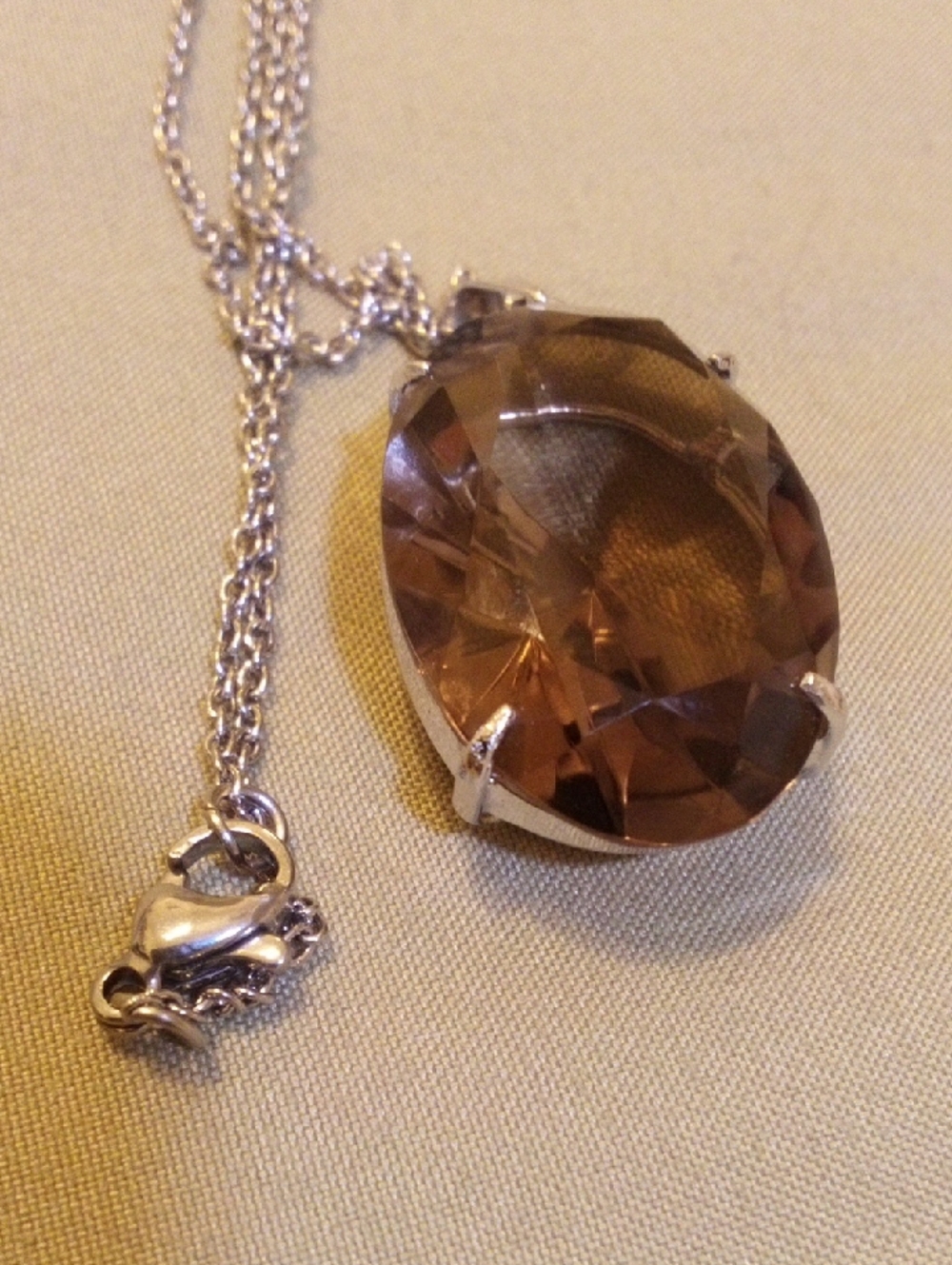 Silver Chain Necklace with Smoky Brown Oval Crystal Pendant